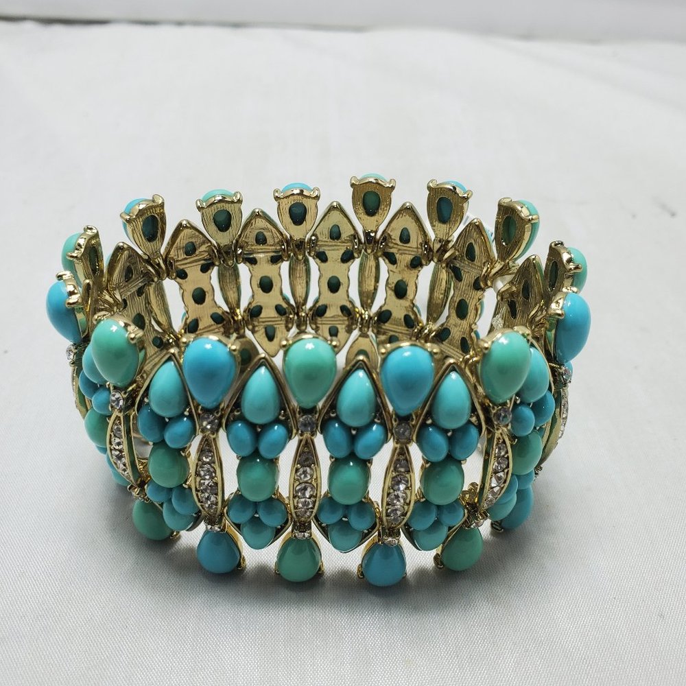 Neiman Marcus turquoise beaded with  rhinestones gold stretch bracelet 2" - Picture 6 of 8